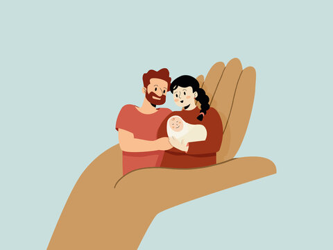 Hand protecting family parents holding newborn baby