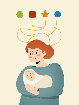 Mother juggling thoughts and choices while holding baby