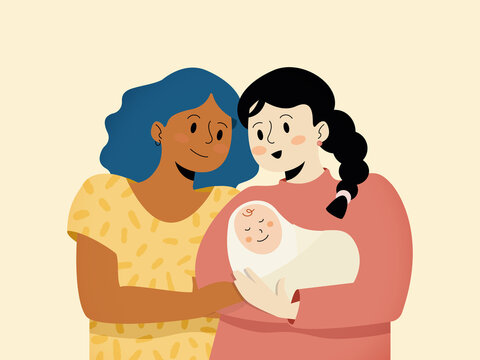 Lesbian couple mothers with newborn baby illustration