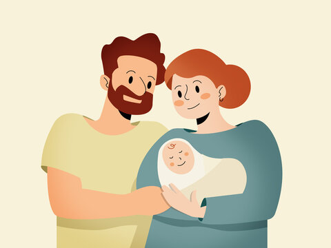 Parents holding newborn baby embracing family love