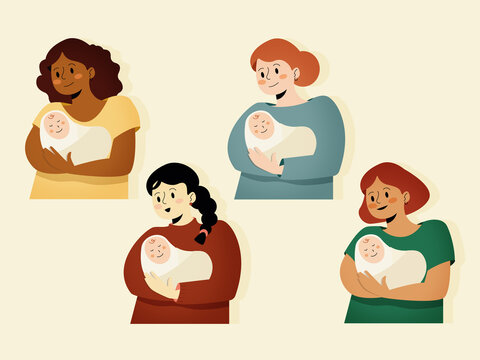 Diverse mothers holding newborns nurturing maternal love illustration