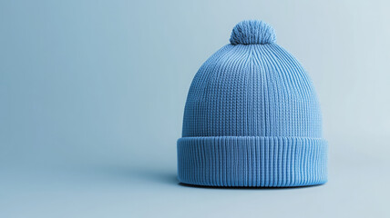 Blue beanie hat with pompom displayed on plain background, cozy winter fashion accessory
