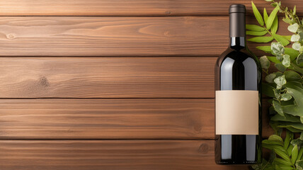 Premium wine bottle with blank label on wooden table, green leaves, elegant and natural style