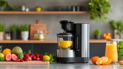 Modern juicer on kitchen counter with fresh fruit, glass of juice, and green plants