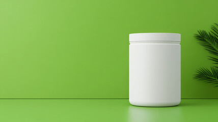 White protein powder tub mockup on green background with palm leaf, minimal and modern style