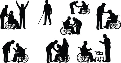 Disability support silhouette, wheelchair assistance, inclusive care scenes, mobility aid interaction, elderly help, vector icons, black graphic, minimal design