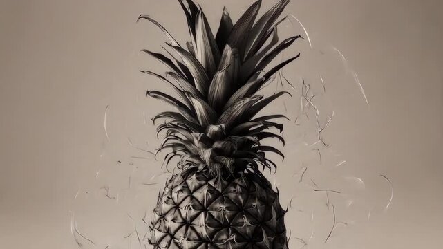 Black and white pineapple, textured surface, spiky leaves, sepia background
