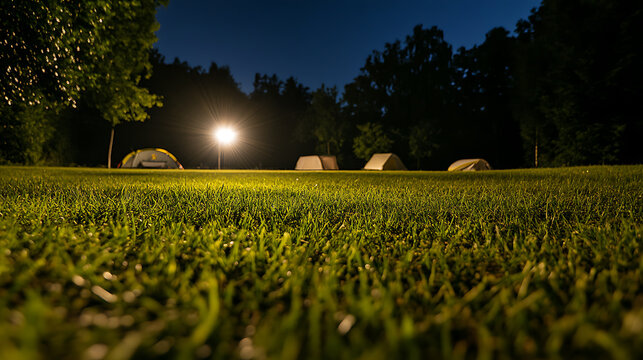 Experience the tranquility of camping under the starlit sky. The tents sit peacefully on the verdant grass, illuminated by the gentle glow of a lamp. Nature's embrace awaits.