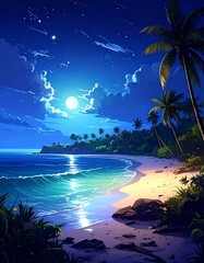 Tropical beach scene bathed in the soft glow of a full moon