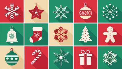 Collection of christmas themed icons including snowflakes star tree and gingerbread man arranged on squares