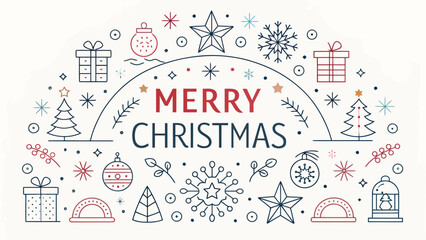 Fototapeta premium Merry christmas greeting card with decorative elements like trees gifts snowflakes and ornaments design