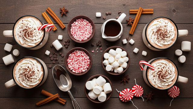 Aerial view of a table with hot chocolate, marshmallows and cinnamon sticks, chocolate and star anise.