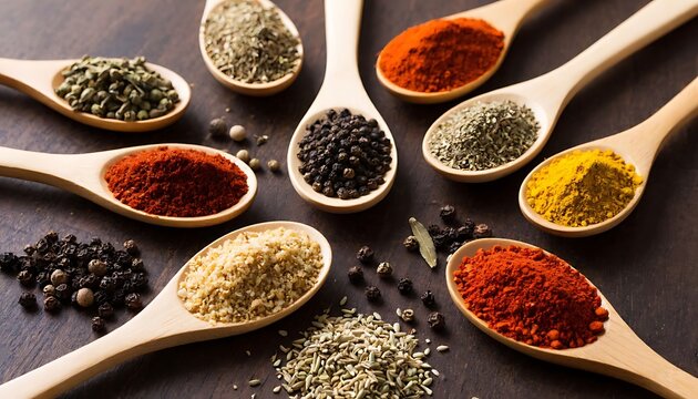 Assortment of colorful, aromatic spices in wood spoon. Cooking ingredient, flavor seasoning for food. Culinary concept.