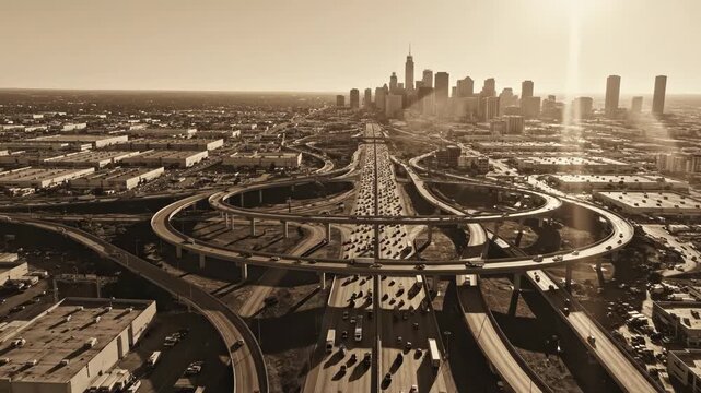 Aerial view of a massive highway interchange leading into a busy city skyline at sunset with sepia tone vector illustration