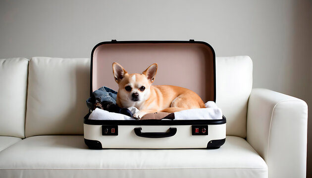 Chihuahua dog lying peacefully in an opened suitcase filled with clothes on a white couch. Pet travel preparation concept.