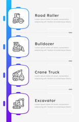 Fototapeta premium Construction vehicle types infographic 4 steps. Road roller, crane truck, Digging equipment. Heavy machinery. Road building. Editable thin line icons diagram process. Lexend font used