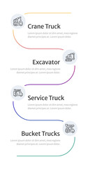 Four types of heavy machinery infographic 4 steps. Construction vehicles Utility transport. Bucket trucks, building equipment. Editable thin line icons diagram process. Merriweather sans font used