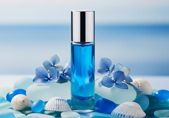 Blue Perfume Bottle with Flowers, Sea Glass, and Shells Aromatic Beauty on the Beach