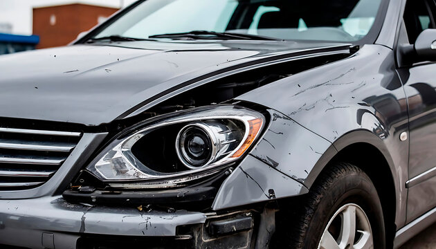 Gray car after an accident with significant front end damage. Vehicle insurance claim and repair concept for automobile services.