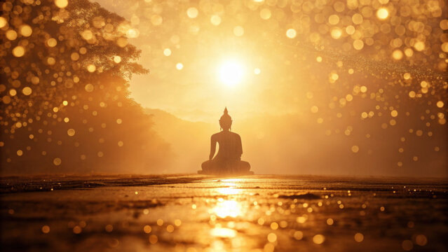 Luxury spiritual christmas light radiates around serene Buddha statue at sunrise creating peaceful golden atmosphere with tranquil reflections - Powered by Adobe