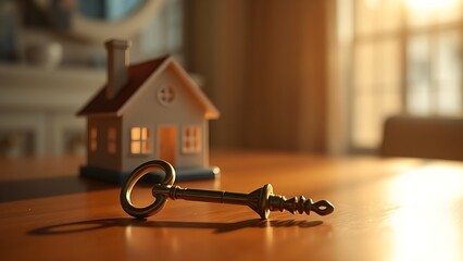 handover. Close-up of a house key resting on an elegant surface, new beginning symbol. lifestyle magazines, social media lookbooks, designed for influencer and brand collaborations.