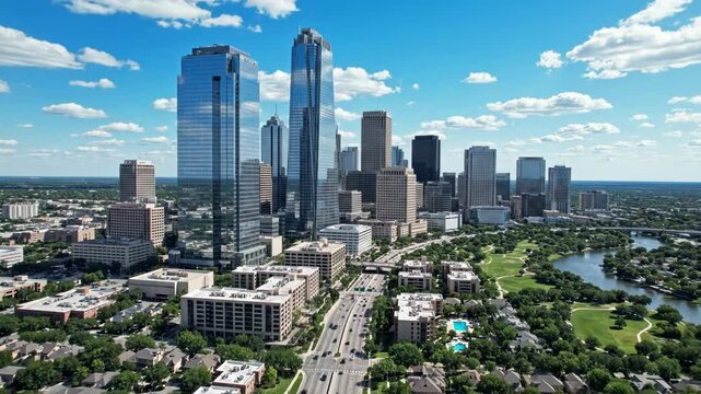 Aerial view of the uptown dallas skyline with modern skyscraper architecture, freeway, and lush green parkland on a sunny day vector illustration