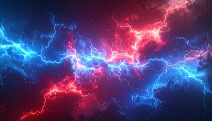 Dramatic scene of red and blue lightning bolts through dark clouds