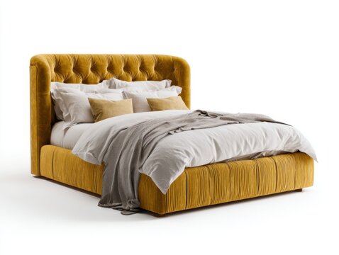 Luxurious tufted mustard yellow velvet bed with plush bedding and elegant design
