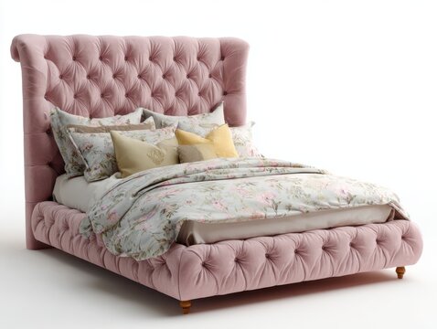 Luxurious tufted velvet bed frame with plush bedding and decorative pillows in a soft rose hue