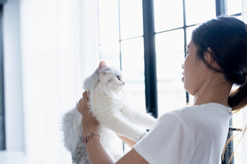 Woman Hugging White Persian Cat with Love, Celebrating Human-Animal Bond.
