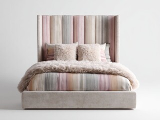 Plush upholstered bed with striped bedding and decorative pillows for a cozy bedroom