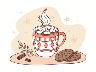 Cozy Christmas Hot Chocolate Mug with Cookies Illustration