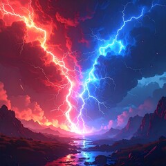 Dramatic landscape features two massive lightning strikes in clashing hues