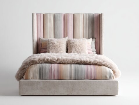 Plush upholstered bed with striped bedding and decorative pillows for a cozy bedroom