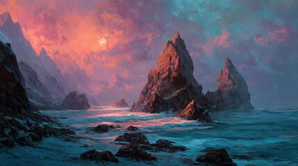 Vibrant Fantasy Seascape with Rocky Spires at Sunset