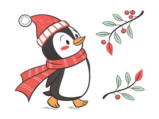 Cute Penguin Wearing Winter Hat and Scarf Illustration
