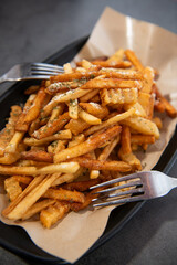 Seasoned Golden French Fries on a Dark Plate