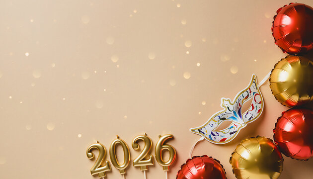 Celebrate the Arrival of 2026 with Festive Golden Numbers, a Carnival Mask, and Vibrant Balloons Ready for Fun Party Decorations and Joyful Occasions