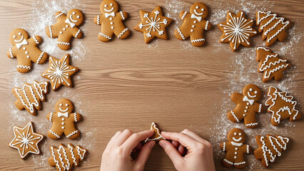 Overhead View of a Christmas cookie decorating scene. Gingerbread cookies. Copy Space.