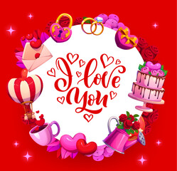 Naklejka premium Valentine day greeting card for love holiday with hearts and flowers, vector background. Valentine day or wedding marriage greeting card, I Love You quote in frame of balloon, wedding rings and gifts