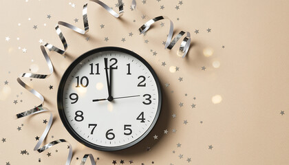 Midnight Celebration Clock with Silver Streamers and Stars, Festive New Year's Eve Countdown, Party Time, Celebrate the Occasion, Happy New Year
