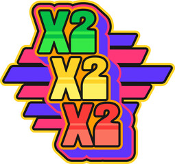 X2 casino gamble jackpot Y2K groovy sticker. Gambling fortune retro vector patch, Vegas jackpot groovy tag. Casino luck Y2K label or poker game 60s sticker with casino win coefficient 2X symbol