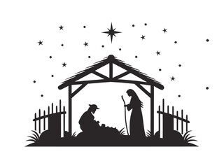 Nativity Scene Silhouette with Starry Night Background