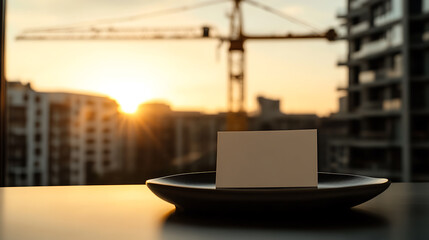 A serene urban landscape during a golden hour, a blank card displayed on a ceramic dish, set against the backdrop of a building under construction, bathed in the warm glow of the sunset.