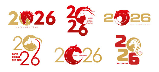 Obraz na płótnie Canvas 2026 Chinese New Lunar Year of horse vector icons set. Chinese zodiac calendar animal symbols of gold and red horse heads and Happy New Year greetings. Asian horoscope signs and Spring Festival cards