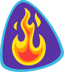 Fire flame Y2K groovy sticker or funky print. Vintage positive groovy vector sticker, hippie 80s Y2K patch. Retro cute funky label or funny 60s cartoon tag with guitar pick decorated fire