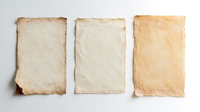 Three aged paper sheets with textured edges and varied coloration on white background