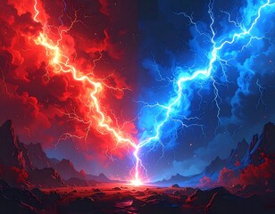 Dramatic split-scene depicting opposing forces of red and blue energy