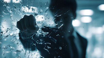 Silhouette of man punching through shattering glass