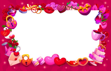 Valentine day holiday greeting card frame with hearts and lips kiss, vector background. Valentine day blank greeting card with frame of wedding cake and gift, dove with love message and sweet candies